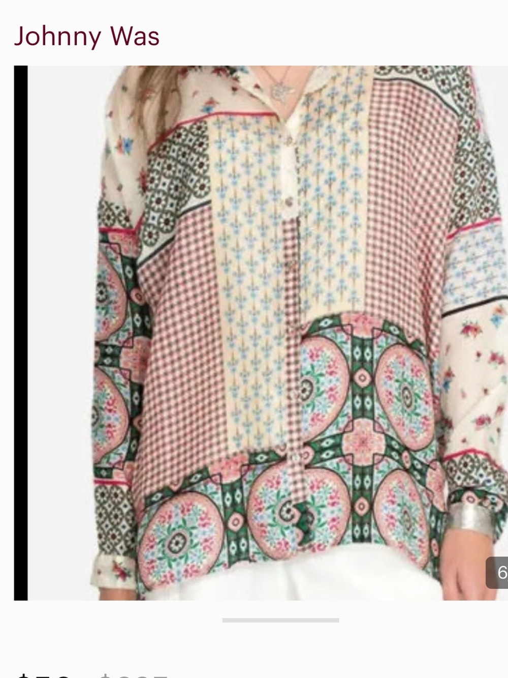 Johnny Was Patchwork Print Button-Front Blouse in Cream, Pink and Green | Sz L